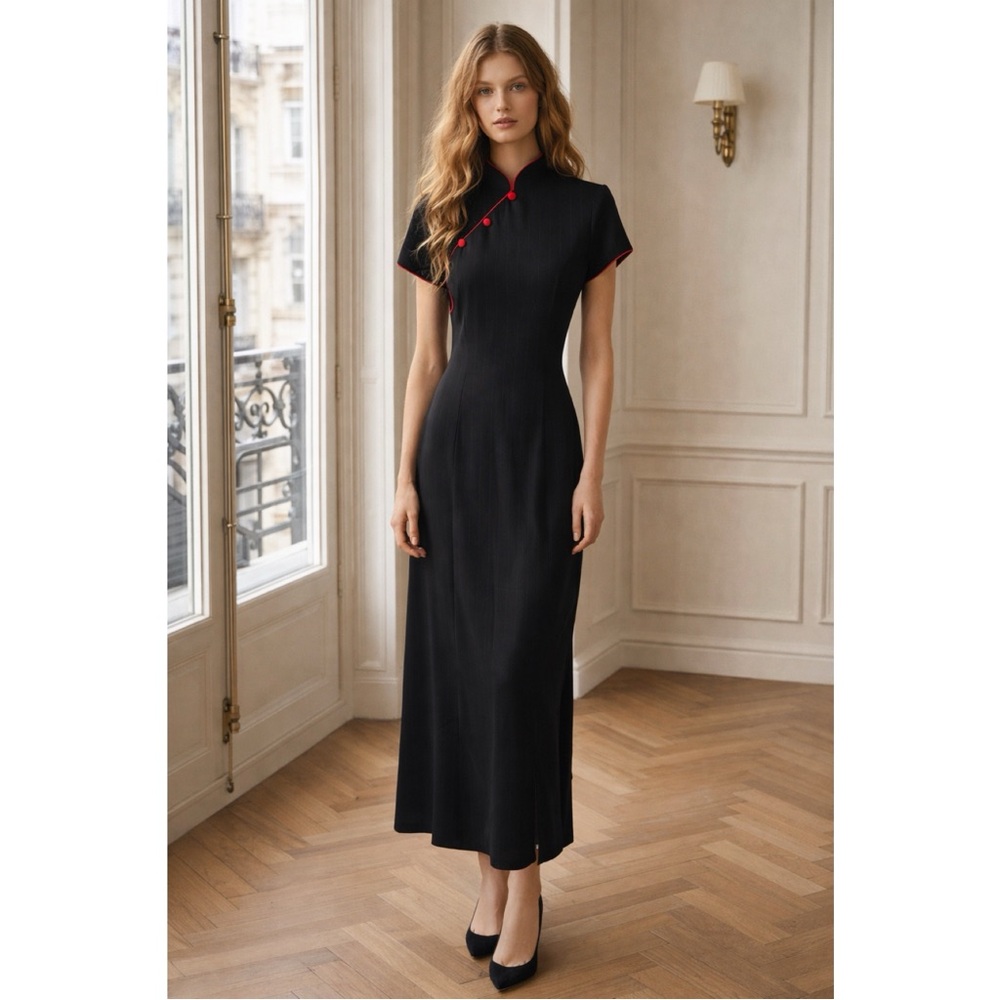 S.L. Fashions NWT Black Maxi Dress with Red Strips & Buttons Zip Back size 10